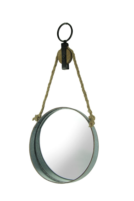 Rustic Country Farmhouse Style Round Grey Metal Barrel Hoop Decorative Wall Mirror On Rope Pulley - Western Decor - 11.75