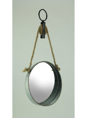 Rustic Galvanized Metal Round Wall Mirror with Rope and Pulley Hanging Accent Decor - Country Farmhouse Style Circular Mirror