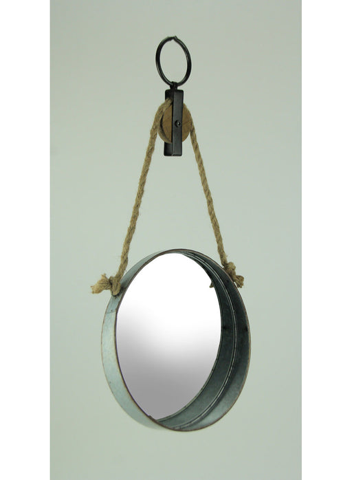 Rustic Galvanized Metal Round Wall Mirror with Rope and Pulley Hanging Accent Decor - Country Farmhouse Style Circular Mirror