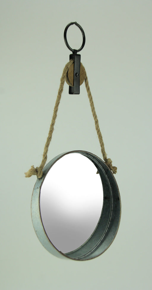 Rustic Country Farmhouse Style Round Grey Metal Barrel Hoop Decorative Wall Mirror On Rope Pulley - Western Decor - 11.75