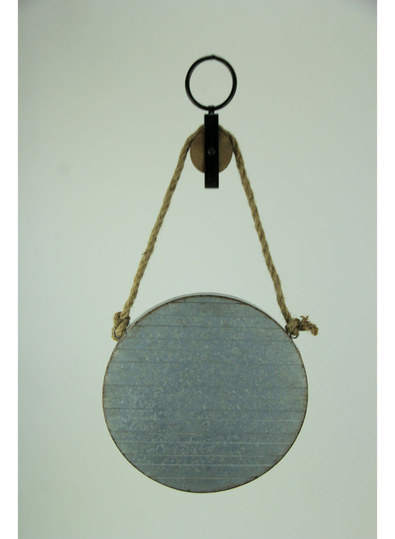 Rustic Galvanized Metal Round Wall Mirror with Rope and Pulley Hanging Accent Decor - Country Farmhouse Style Circular Mirror