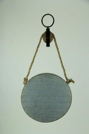 Rustic Country Farmhouse Style Round Grey Metal Barrel Hoop Decorative Wall Mirror On Rope Pulley - Western Decor - 11.75