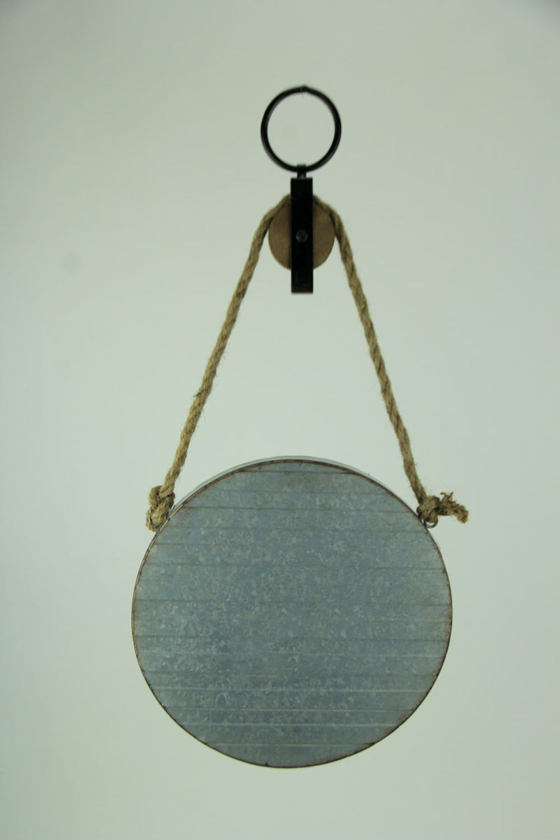 Rustic Country Farmhouse Style Round Grey Metal Barrel Hoop Decorative Wall Mirror On Rope Pulley - Western Decor - 11.75