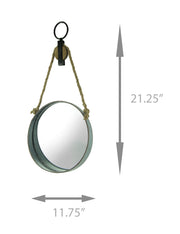 Rustic Country Farmhouse Style Round Grey Metal Barrel Hoop Decorative Wall Mirror On Rope Pulley - Western Decor - 11.75
