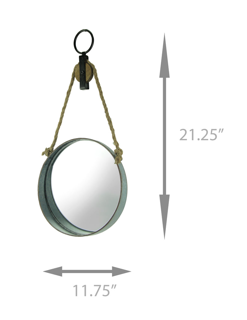 Rustic Country Farmhouse Style Round Grey Metal Barrel Hoop Decorative Wall Mirror On Rope Pulley - Western Decor - 11.75