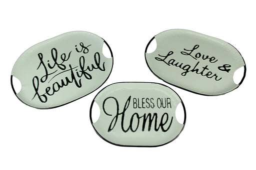 Black and White Decorative Metal Trays With Life Love and Home Wording Set of 3 Image 1