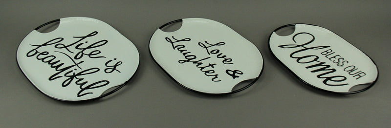 Black and White Decorative Metal Trays With Life Love and Home Wording Set of 3 Image 2