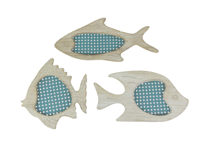 Set of 3 Blue and White Wood and Metal Mesh Fish Wall Hangings Image 1
