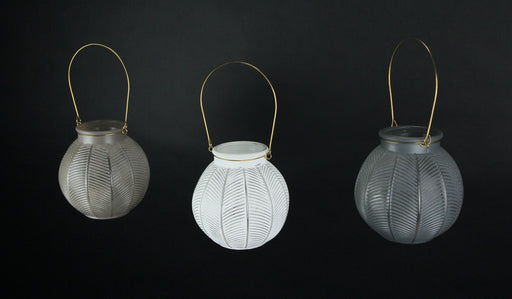 Set of 3 Textured Pink, White & Gray Glass 6 Inch Diameter Candle Lanterns Wire Handles Image 2