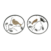 Set of 2 Exquisite Brown Metal and Wood Birds on Branches Wall-Hanging Sculptures - Captivating Nature-Themed Home Decor Art