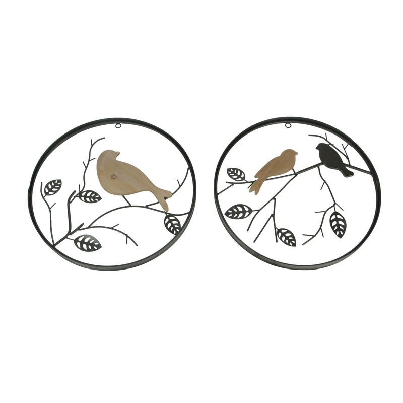 Set of 2 Exquisite Brown Metal and Wood Birds on Branches Wall-Hanging Sculptures - Captivating Nature-Themed Home Decor Art