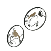 Set of 2 Exquisite Brown Metal and Wood Birds on Branches Wall-Hanging Sculptures - Captivating Nature-Themed Home Decor Art