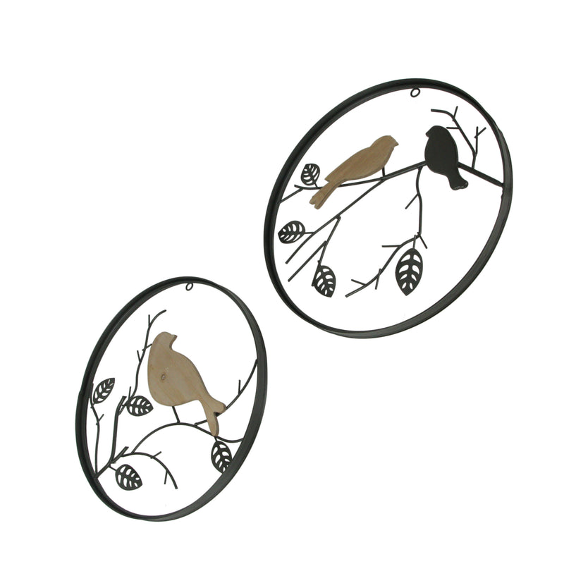 Set of 2 Exquisite Brown Metal and Wood Birds on Branches Wall-Hanging Sculptures - Captivating Nature-Themed Home Decor Art