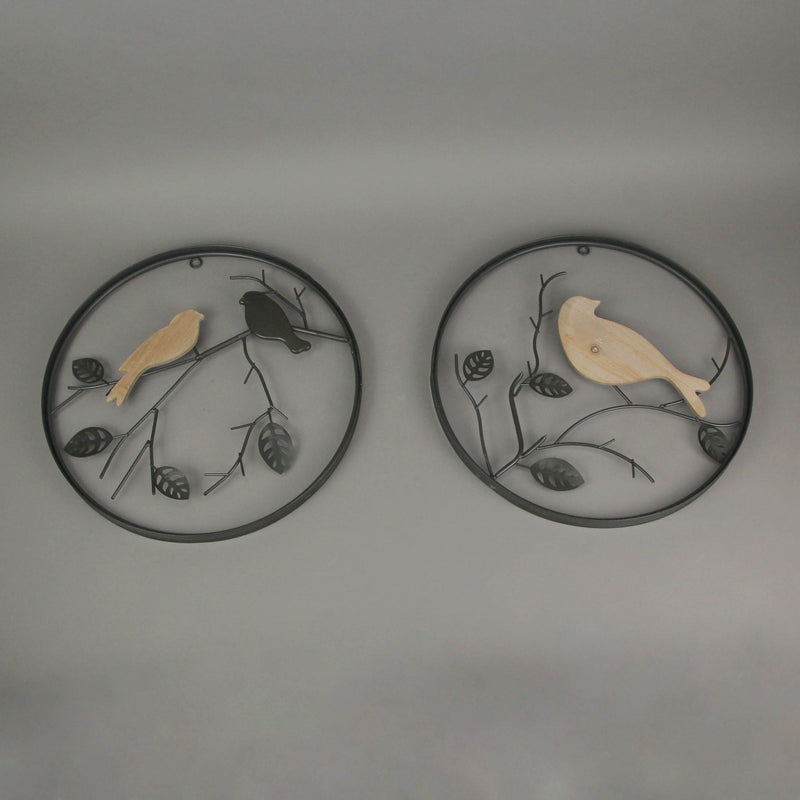 Set of 2 Exquisite Brown Metal and Wood Birds on Branches Wall-Hanging Sculptures - Captivating Nature-Themed Home Decor Art