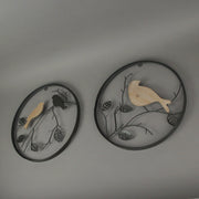 Set of 2 Exquisite Brown Metal and Wood Birds on Branches Wall-Hanging Sculptures - Captivating Nature-Themed Home Decor Art