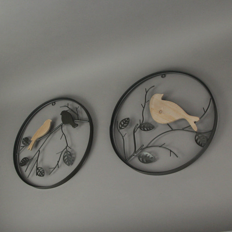 Set of 2 Exquisite Brown Metal and Wood Birds on Branches Wall-Hanging Sculptures - Captivating Nature-Themed Home Decor Art