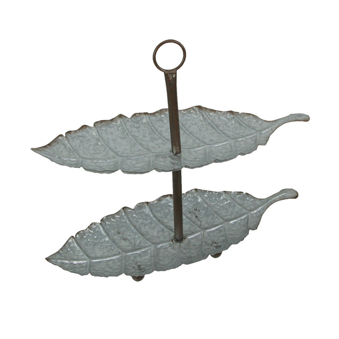 Galvanized Grey Zinc Finish Leaf-Shaped Two-Tier Serving and Display Tray - Charming Farmhouse Decor with For Kitchens and