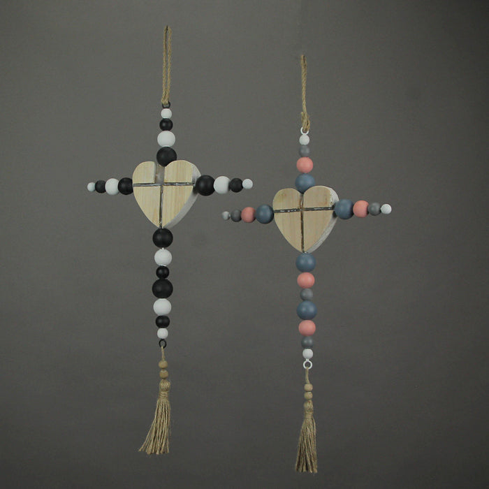 19 Inch Wooden Bead Cross Wall Hanging Home Decor Modern Decorative Art Set of 2 Image 3