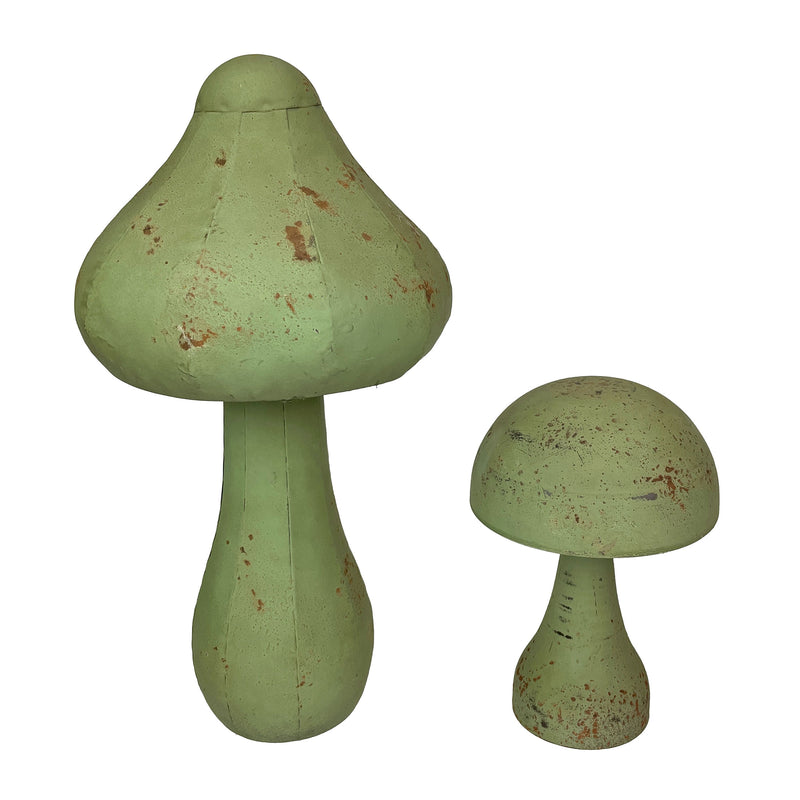 Green - Metal - Set - Image 1 - Set of 2 Green Metal Mushrooms, Indoor Outdoor Garden Decor, 9” & 16” Tall, Rustic Farmhouse