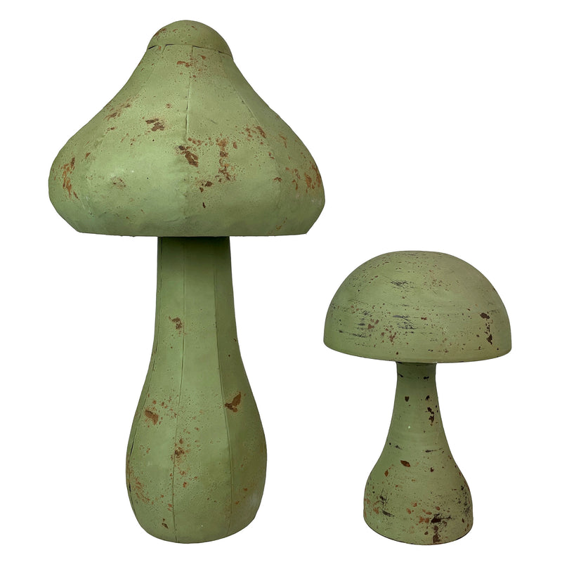 Green - Metal - Set - Image 3 - Set of 2 Green Metal Mushrooms, Indoor Outdoor Garden Decor, 9” & 16” Tall, Rustic Farmhouse