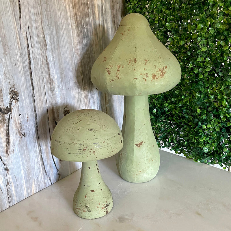 Green - Metal - Set - Image 4 - Set of 2 Green Metal Mushrooms, Indoor Outdoor Garden Decor, 9” & 16” Tall, Rustic Farmhouse