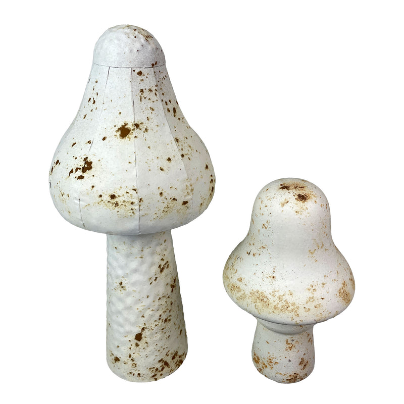 White - Metal - Set - Image 1 - Set of 2 White Metal Mushrooms, Indoor Outdoor Garden Statues, 9 & 16 inch Rustic Modern