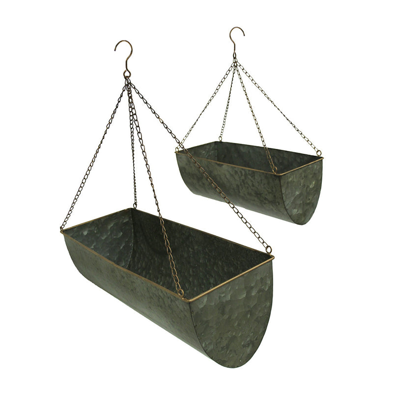 Rustic Galvanized Metal Hanging Planters: Set of 2 Indoor/Outdoor Trough Planters in Grey, 20 and 16 Inches Long, Perfect for