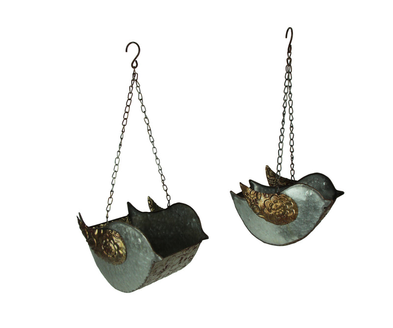 Set of 2 Galvanized Grey Finish Embossed Metal Bird Hanging Planters, Perfect for Indoor and Outdoor Greenery, 8.25 Inches