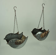 Set of 2 Galvanized Grey Finish Embossed Metal Bird Hanging Planters, Perfect for Indoor and Outdoor Greenery, 8.25 Inches
