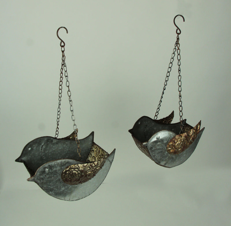 Set of 2 Galvanized Grey Finish Embossed Metal Bird Hanging Planters, Perfect for Indoor and Outdoor Greenery, 8.25 Inches