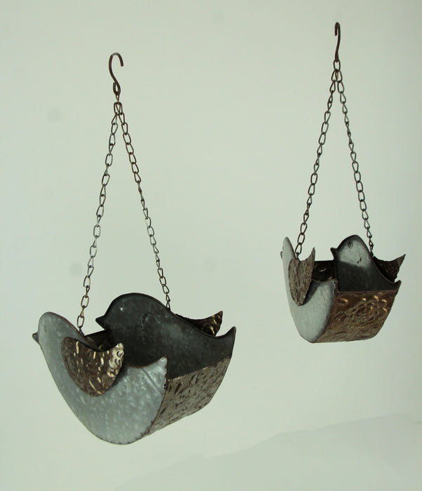 Set of 2 Galvanized Grey Finish Embossed Metal Bird Hanging Planters, Perfect for Indoor and Outdoor Greenery, 8.25 Inches