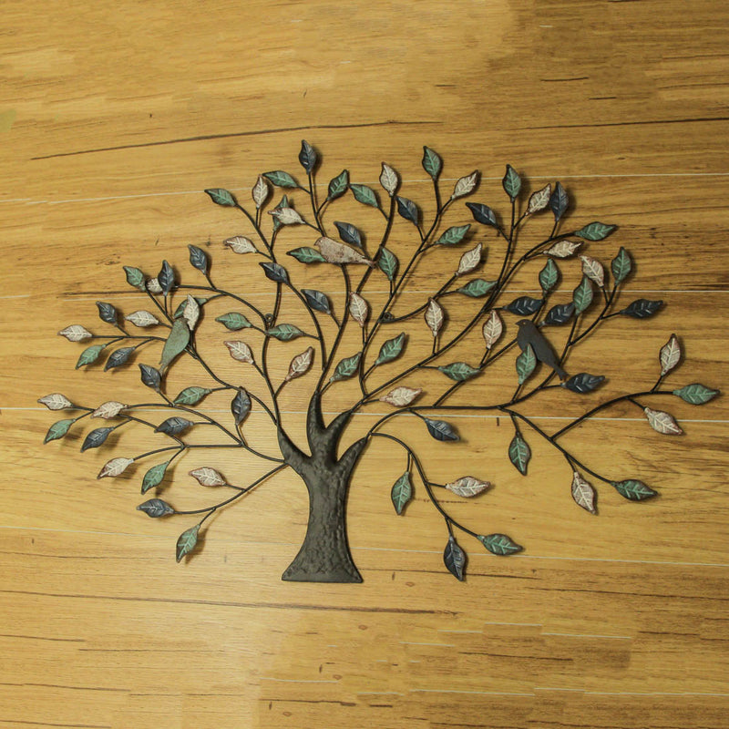 36-inch Tri-Tone Leaves Birds in Branches Metal Tree Wall Décor - Unique Artistic Design for Indoor and Outdoor Use, Easy