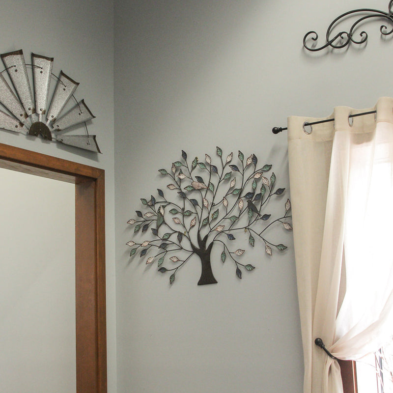 36-inch Tri-Tone Leaves Birds in Branches Metal Tree Wall Décor - Unique Artistic Design for Indoor and Outdoor Use, Easy