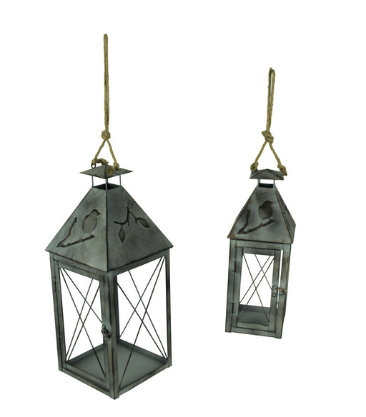 Vintage Grey Metal Bird On Branch Square Candle Lantern Set of 2 Image 1