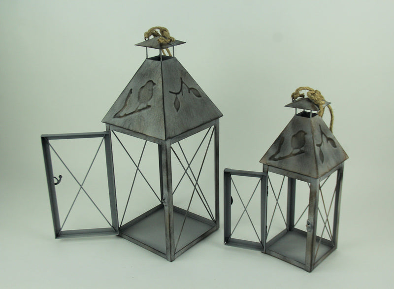 Vintage Grey Metal Bird On Branch Square Candle Lantern Set of 2 Image 2