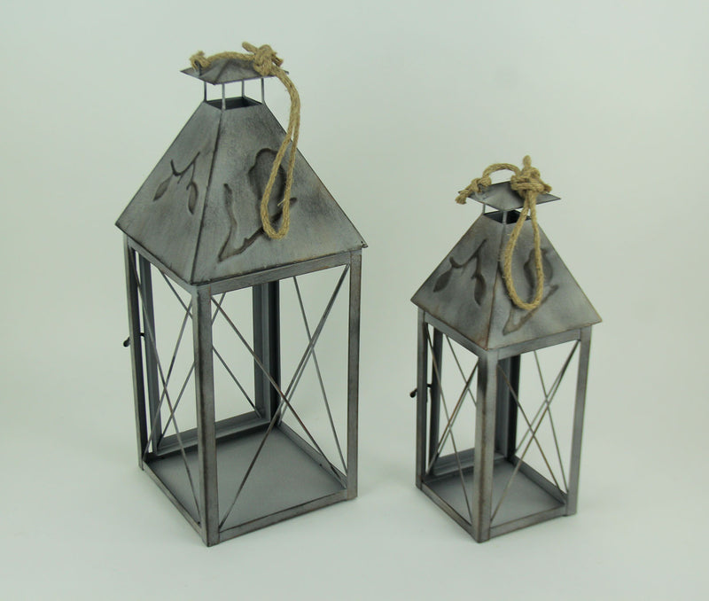 Vintage Grey Metal Bird On Branch Square Candle Lantern Set of 2 Image 3