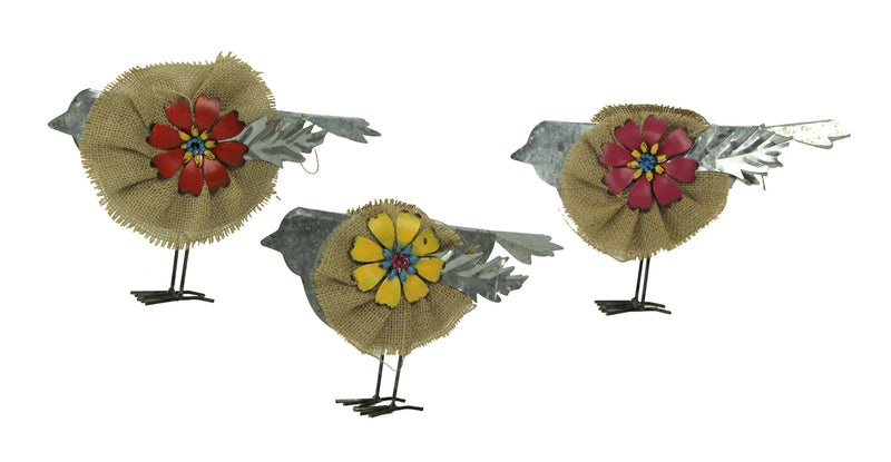 Metal and Burlap Rustic Flower Bird Sculptures Set of 3 Image 1