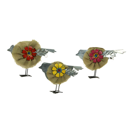 Metal and Burlap Rustic Flower Bird Sculptures Set of 3 Image 1