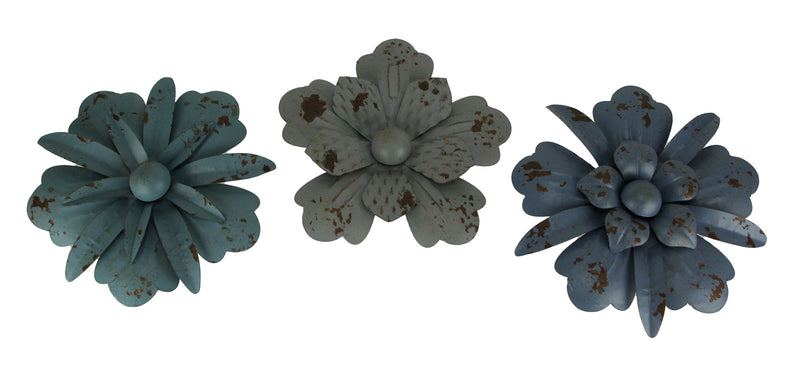 Set of 3 Vintage Blue-Grey Metal Flower Wall Hanging Art Sculptures, 11.5 Inches in Diameter – Blooming Elegance -