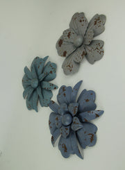 Set of 3 Vintage Blue-Grey Metal Flower Wall Hanging Art Sculptures, 11.5 Inches in Diameter – Blooming Elegance -