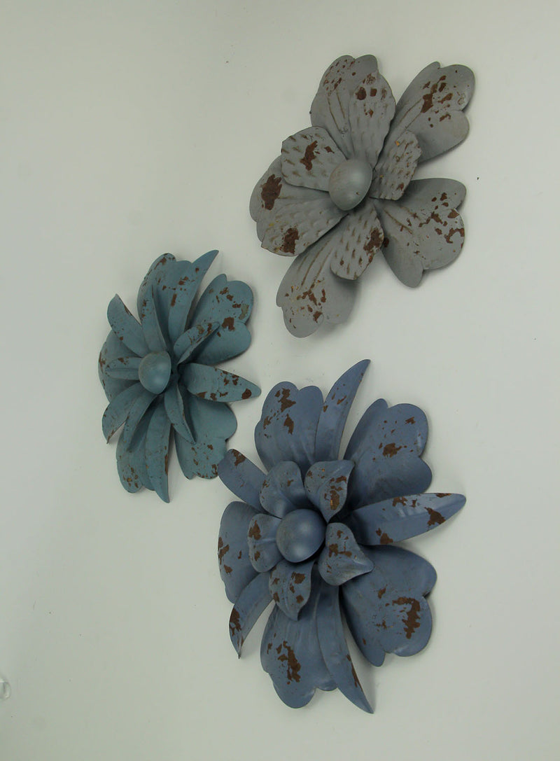 Set of 3 Vintage Blue-Grey Metal Flower Wall Hanging Art Sculptures, 11.5 Inches in Diameter – Blooming Elegance -