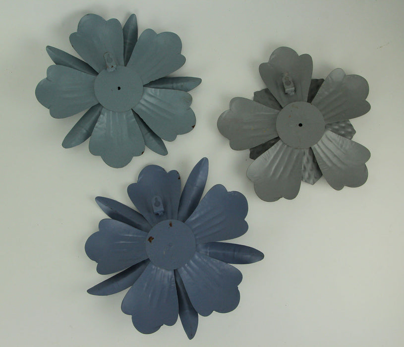 Set of 3 Vintage Blue-Grey Metal Flower Wall Hanging Art Sculptures, 11.5 Inches in Diameter – Blooming Elegance -