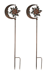 Set of 2 Copper Finish Metal Sun and Moon Wind Pinwheel Garden and Yard Stake Spinners - 52 Inches High - Celestial Harmony -