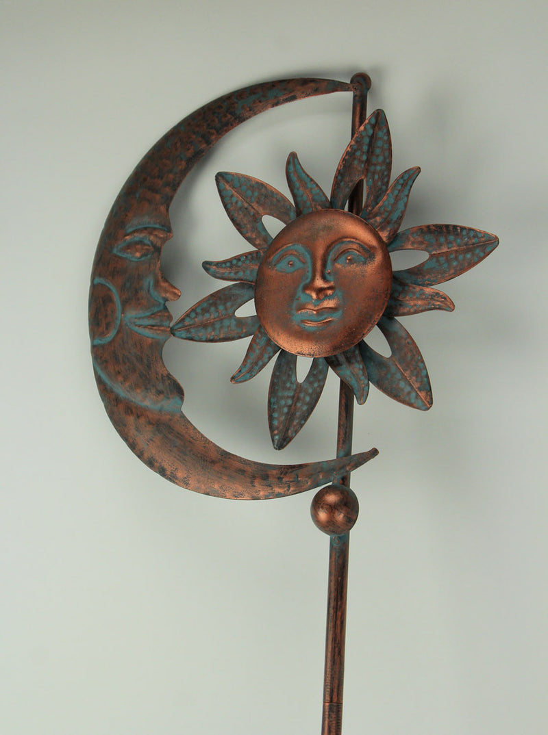 Set of 2 Copper Finish Metal Sun and Moon Wind Pinwheel Garden and Yard Stake Spinners - 52 Inches High - Celestial Harmony -