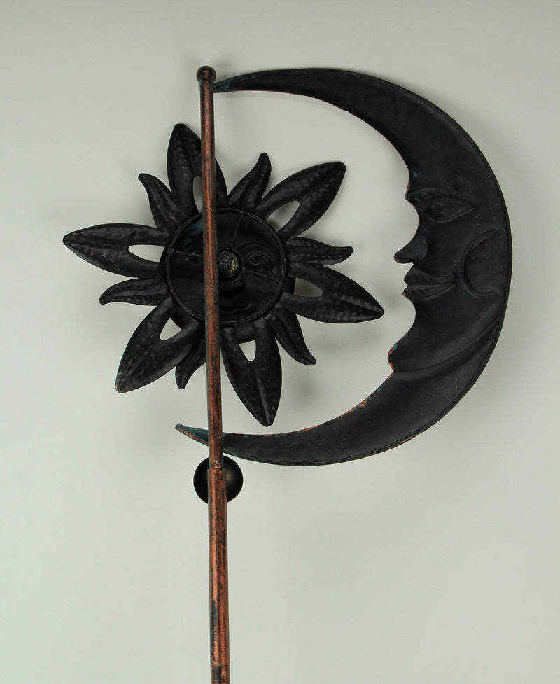 Set of 2 Copper Finish Metal Sun and Moon Wind Pinwheel Garden and Yard Stake Spinners - 52 Inches High - Celestial Harmony -