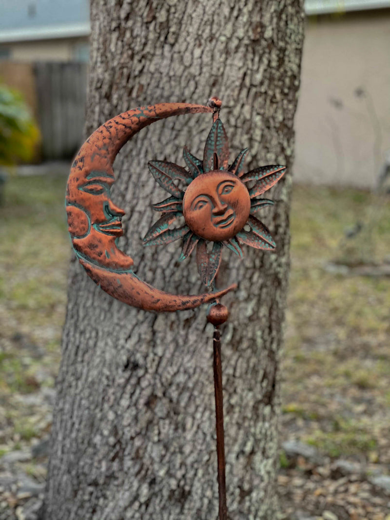 Enchanting Verdigris Copper Finish Celestial Sun and Moon Yard or Garden Wind Pinwheel Stake - Captivating Kinetic Outdoor