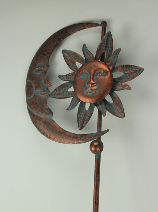 Enchanting Verdigris Copper Finish Celestial Sun and Moon Yard or Garden Wind Pinwheel Stake - Captivating Kinetic Outdoor