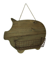 Rustic Wood Farmhouse Pig and Metal Wire Wall Basket Image 1