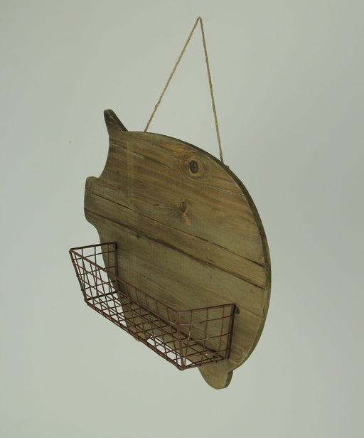 Rustic Wood Farmhouse Pig and Metal Wire Wall Basket Image 2