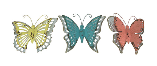 Set of 3 Distressed Finish Metal Butterfly Wall Hangings Galvanized Zinc Accents Image 1